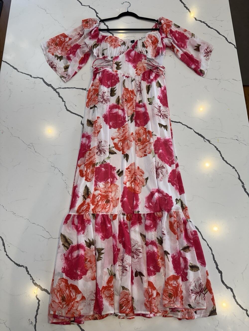 Giffniseti Maxi Dress Womens Small Off Shoulder Floral White Pink Boho Ruffle XL